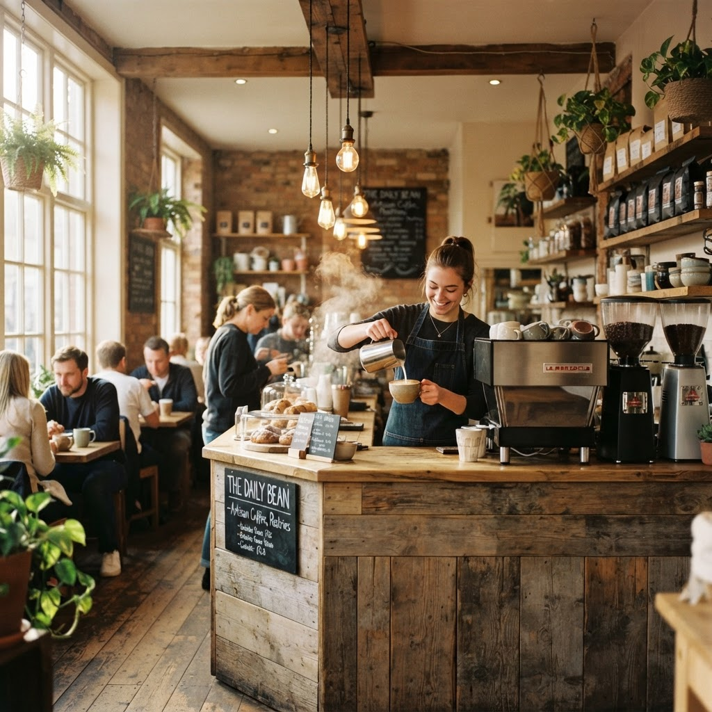 Cozy interior of Lum Orng Coffee with a barista pouring latte art